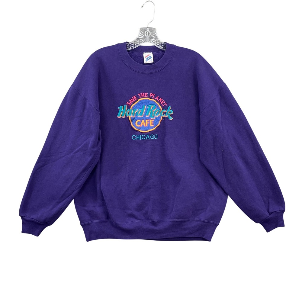 Jerzees Hard Rock Cafe Sweater Mens XL Purple Chicago Vintage Made in USA Preppy